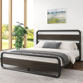 Heavy Duty Round Metal Frame Platform Bed with Black Wood Panel Headboard (size: King)