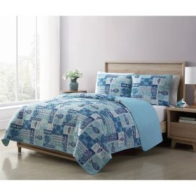 Aqua Blue Cream Beach Sea Shells Coral Fish Coastal Quilt Set (size: King)