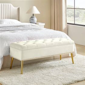 Mid-Century Modern End of Bed Storage Bench Velvet Seat and Gold Legs (Color: Ivory)