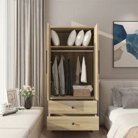 Mid-Century 2-Door Armoire Wardrobe Cabinet with Hanging Rail in Oak Finish (Color: oak)