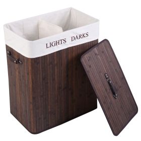 Bamboo 2-Bin Lights Darks Laundry Hamper with Handles (Color: Brown)