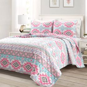 Southwest Style Polyester Pink Blue Striped Reversible Quilt Set (size: Twin)