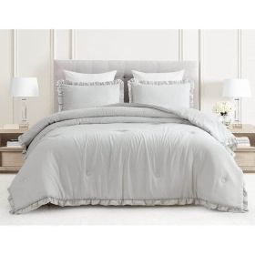 Oversized Blue Ruffled Edge Microfiber Comforter Set (Color: Grey, size: Full)