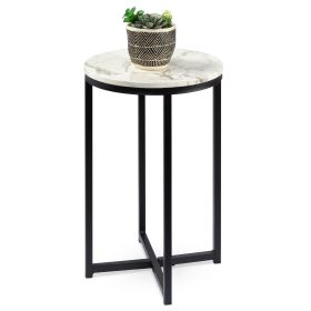Round Cross Leg Design Coffee Side Table Nightstand with Faux Marble Top (Color: white matte black)