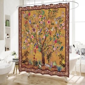 72-in.Floral Tree Bird Butterfly Japanese Style Shower Curtain (Color: brown red orange green)