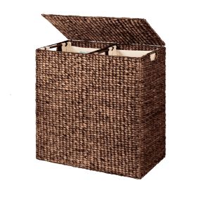 2-Bin Handwoven Hyacinth Linen Liner Laundry Hamper w/ Handles (Color: Espresso)