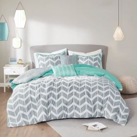Reversible Comforter Set in Chevron Stripe (Color: grey white awua teal, size: twin/twin xl)