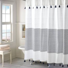 72-inch Cotton Shower Curtain with Tassels (Color: nacy white)