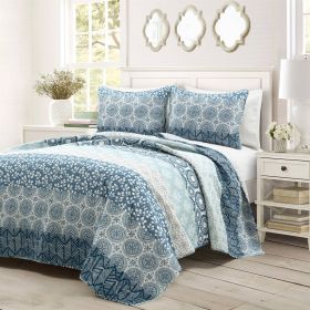Lightweight 3 Piece Reversible Botanical Blue Damask Quilt Set (size: full/queen)