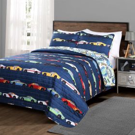 Lightweight Race Cars 2 Piece Kids Quilt Set (Color: Navy, size: Twin)