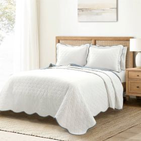 Scalloped Edge Reversible Lightweight Quilt Set (Color: white blue, size: full/queen)