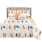 Floral Birds On Wire Lightweight Quilt Set (Color: orange white blue, size: King)