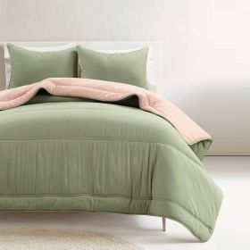 Soft Lightweight Reversible Quilted Comforter Set (Color: green pink, size: full/queen)