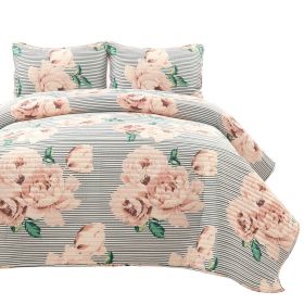 Polyester Black White Striped Rose Floral Quilt Set (size: King)