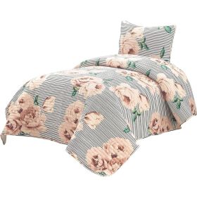 Polyester Black White Striped Rose Floral Quilt Set (size: twin/twin xl)