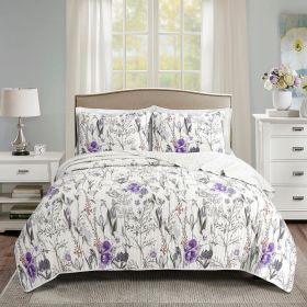 Lightweight Purple Grey White Floral Quilt Set (size: full/queen)