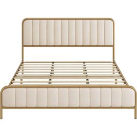 Gold Metal Platform Bed Frame with Upholstered Headboard (Color: off-white, size: Queen)