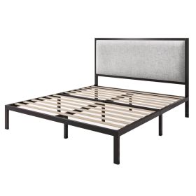 Black Metal Platform Bed Frame with Tall Grey Linen Upholstered Headboard (size: Queen)