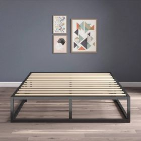10-inch Low Profile Modern Metal Wood Slat Platform Bed Frame (size: Queen)