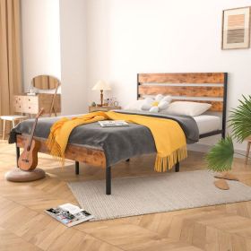 Industrial Platform Bed Frame with Wood Slatted Headboard (Color: Brown, size: Queen)