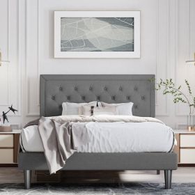 Faux Leather Upholstered Platform Bed with Button-Tufted Headboard (Color: Dark Grey, size: Queen)