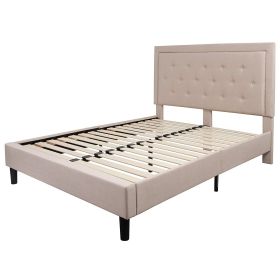 Upholstered Platform Bed Frame with Button Tufted Headboard (Color: Beige, size: Queen)