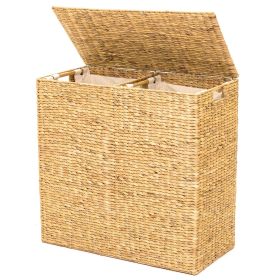 2-Bin Handwoven Hyacinth Linen Liner Laundry Hamper w/ Handles (Color: Natural)