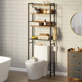 Over the Toilet Storage Freestanding Modern Metal and Wood Shelving Unit (Color: black brown)