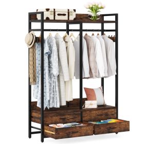 Freestanding Garment Rack Clothes Hanging Rod with 4 Storage Drawers (Color: brown black)