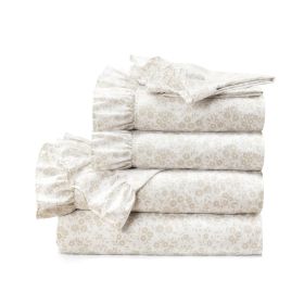 Floral Ruffle Polyester 6 Piece Sheet Set (Color: Tan, size: Queen)