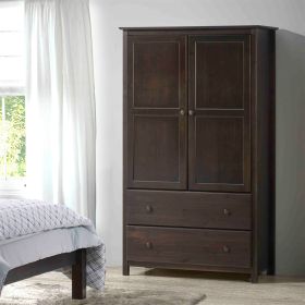Solid Wood Bedroom Armoire Wardrobe Cabinet with Hanging Bar (Color: Brown)