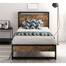 Metal Wood Platform Bed Frame with Industrial Headboard (size: Twin)