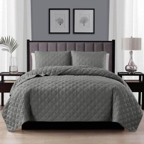 Polyester Microfiber Reversible Diamond Quilt Set (Color: Dark Grey, size: twin/twin xl)