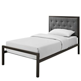 Contemporary Metal Platform Bed with Grey Upholstered Headboard (size: Twin)