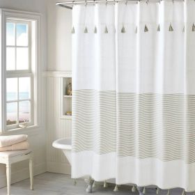 72-inch Cotton Shower Curtain with Tassels (Color: taupe tan white)