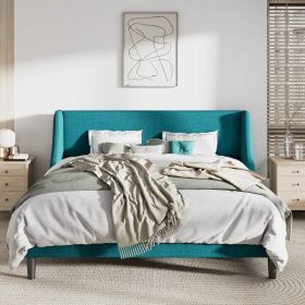 Upholstered Linen Blend Headboard Wingback Platform Bed (Color: Turquoise, size: King)