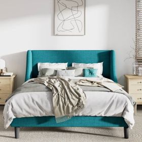 Upholstered Linen Blend Headboard Wingback Platform Bed (Color: Turquoise, size: Queen)
