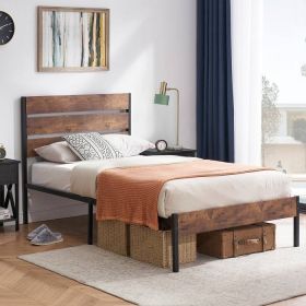 Industrial Platform Bed Frame with Wood Slatted Headboard (Color: Brown, size: Twin)