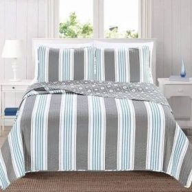 Coastal Starfish Sand Dollar Grey Blue White Nautical Quilt Set (size: Twin)