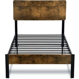 Modern Metal Platform Bed Frame with Rustic Wood Headboard and Footboard (size: Twin)
