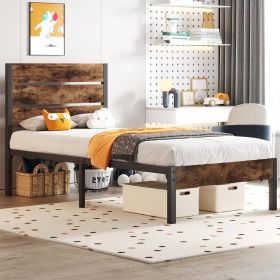 Modern Farmhouse Metal Platform Bed Frame with Brown Wood Headboard (size: Twin)