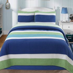 Navy Blue/Green/Teal/White Stripe 100-Percent Cotton Quilt Set (size: Twin)