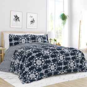 Reversible Floral Striped Comforter Set (Color: Navy Blue, size: Twin)