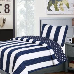 Reversible Navy Blue White Stars Stripes 100-Percent Cotton Quilt Set (size: Twin)