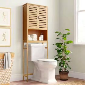 Over the Toilet Bathroom Storage Cabinet Shelf  Wood Finish (Color: light brown yellow)