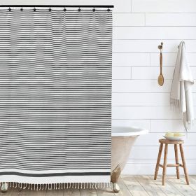 72-inch Stripe Cotton Shower Curtain with Boho Farmhouse Tassels (Color: white black)