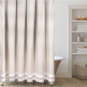 72-inch Stripe Cotton Shower Curtain with Boho Farmhouse Tassels (Color: beige white)