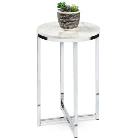 Round Cross Leg Design Coffee Side Table Nightstand with Faux Marble Top (Color: white chrome)