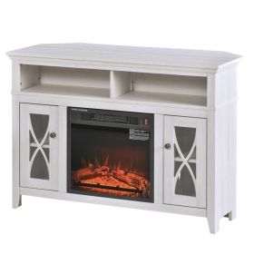 Electric Fireplace Mantel TV Stand w/ Adjustable Shelves 2 Storage Cabinets (Color: rustic white)