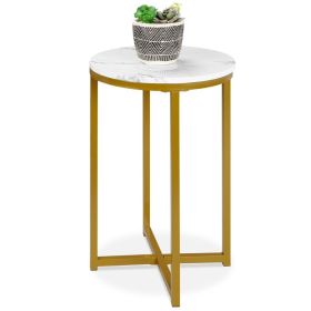 Round Cross Leg Design Coffee Side Table Nightstand with Faux Marble Top (Color: white gold)